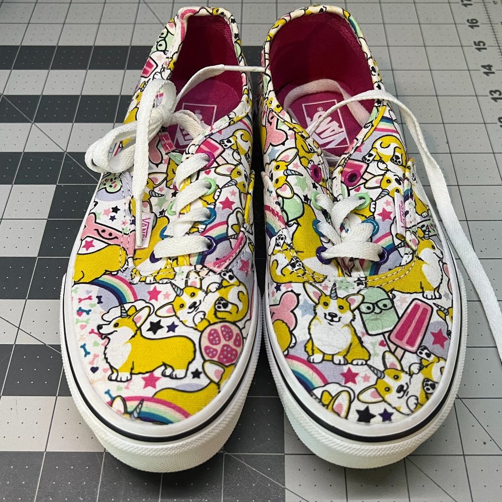 Vans Authentic Youth Girls Size 4 Shoes White/Multi colorful CORGI Low Sneaker